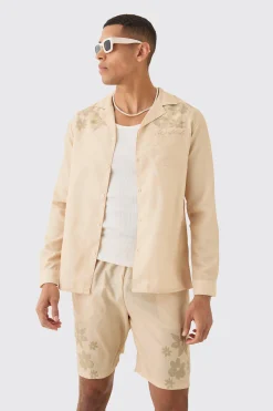 boohooMAN Linen Look Revere Tonal Floral Shoulder Shirt & Short Set | UK| Sets & Co-Ords