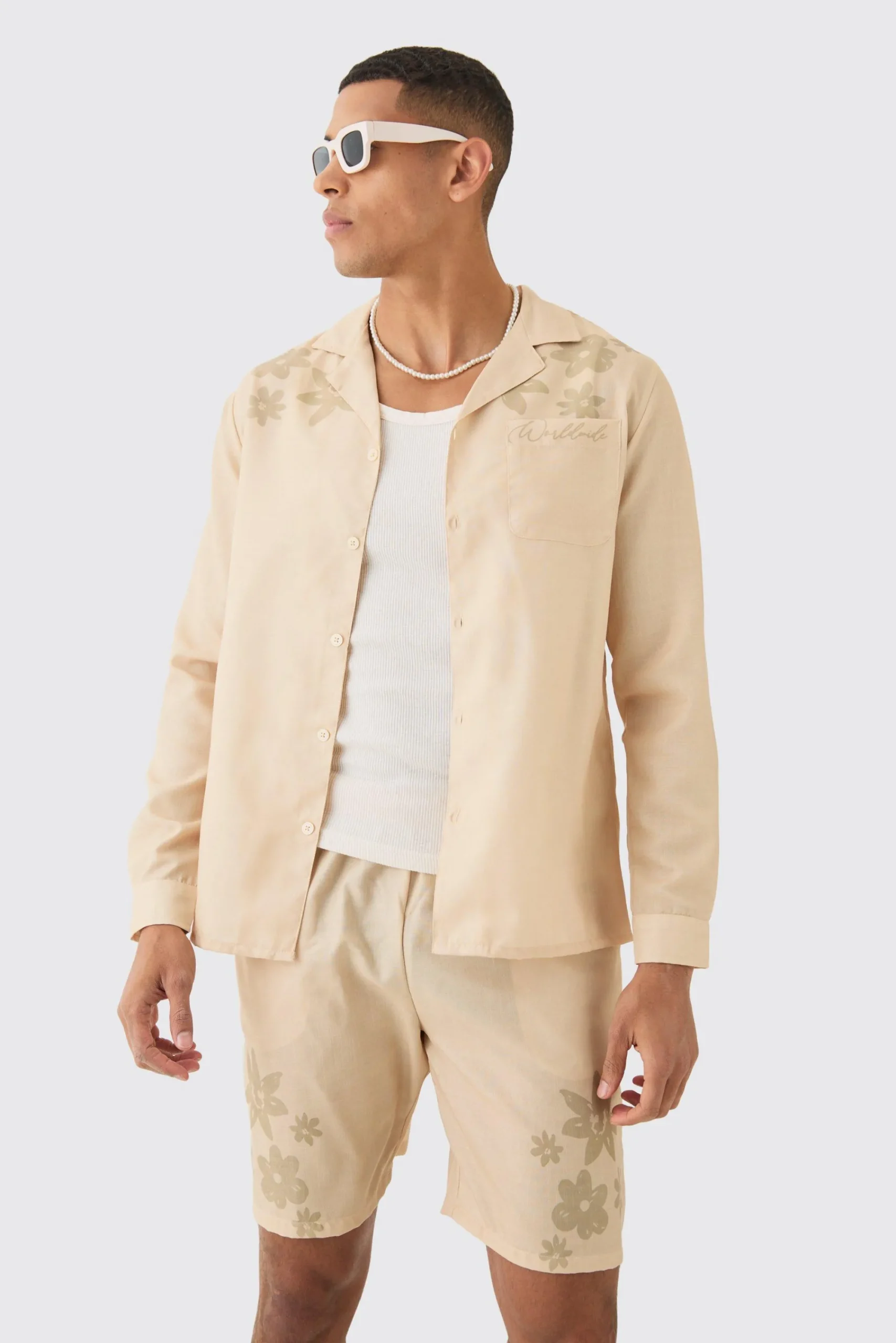 boohooMAN Linen Look Revere Tonal Floral Shoulder Shirt & Short Set | UK| Sets & Co-Ords