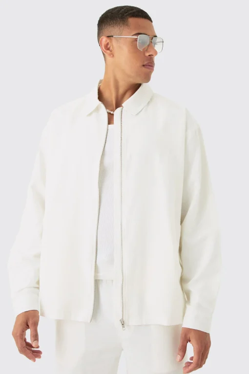 boohooMAN Linen Mix Relaxed Harrington Jacket | UK| Suits & Tailoring