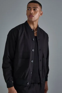 boohooMAN Linen Mix Smart Oversized Cargo Bomber Jacket | UK| Suits & Tailoring