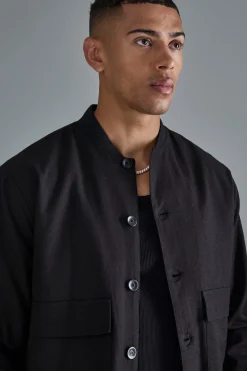 boohooMAN Linen Mix Smart Oversized Cargo Bomber Jacket | UK| Suits & Tailoring