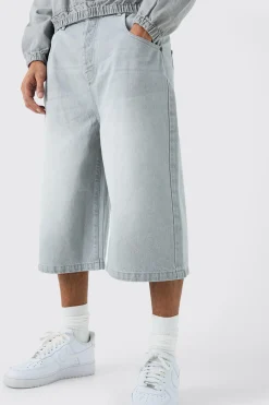 boohooMAN Long Line Denim Jorts In Grey Wash | UK| Shorts