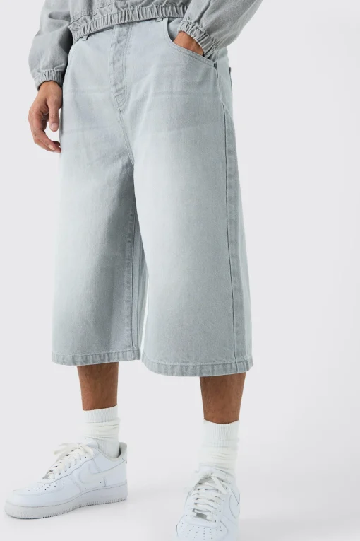 boohooMAN Long Line Denim Jorts In Grey Wash | UK| Shorts