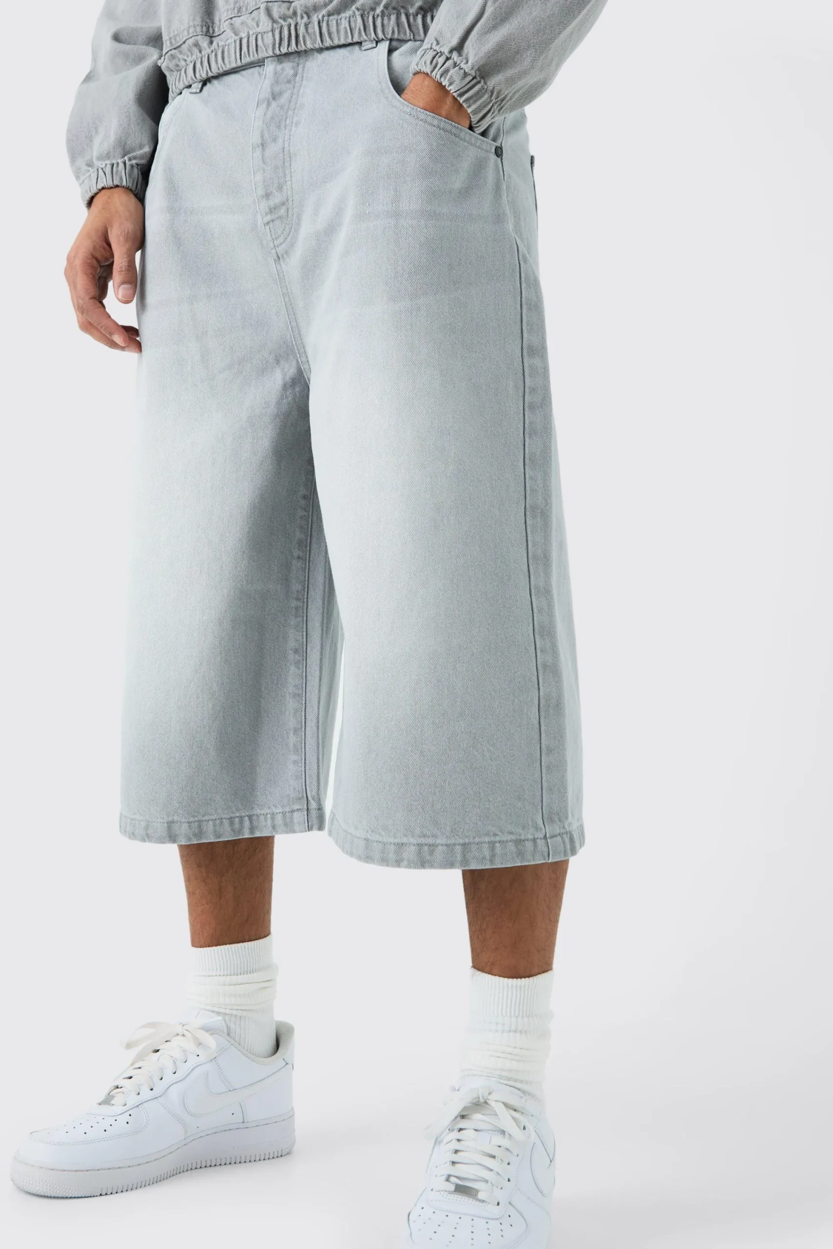 boohooMAN Long Line Denim Jorts In Grey Wash | UK| Shorts