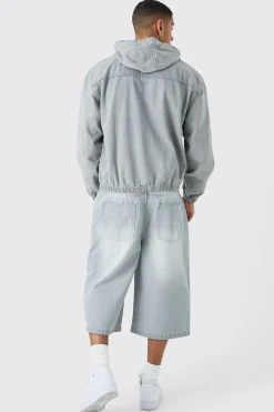 boohooMAN Long Line Denim Jorts In Grey Wash | UK| Shorts