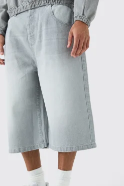 boohooMAN Long Line Denim Jorts In Grey Wash | UK| Shorts