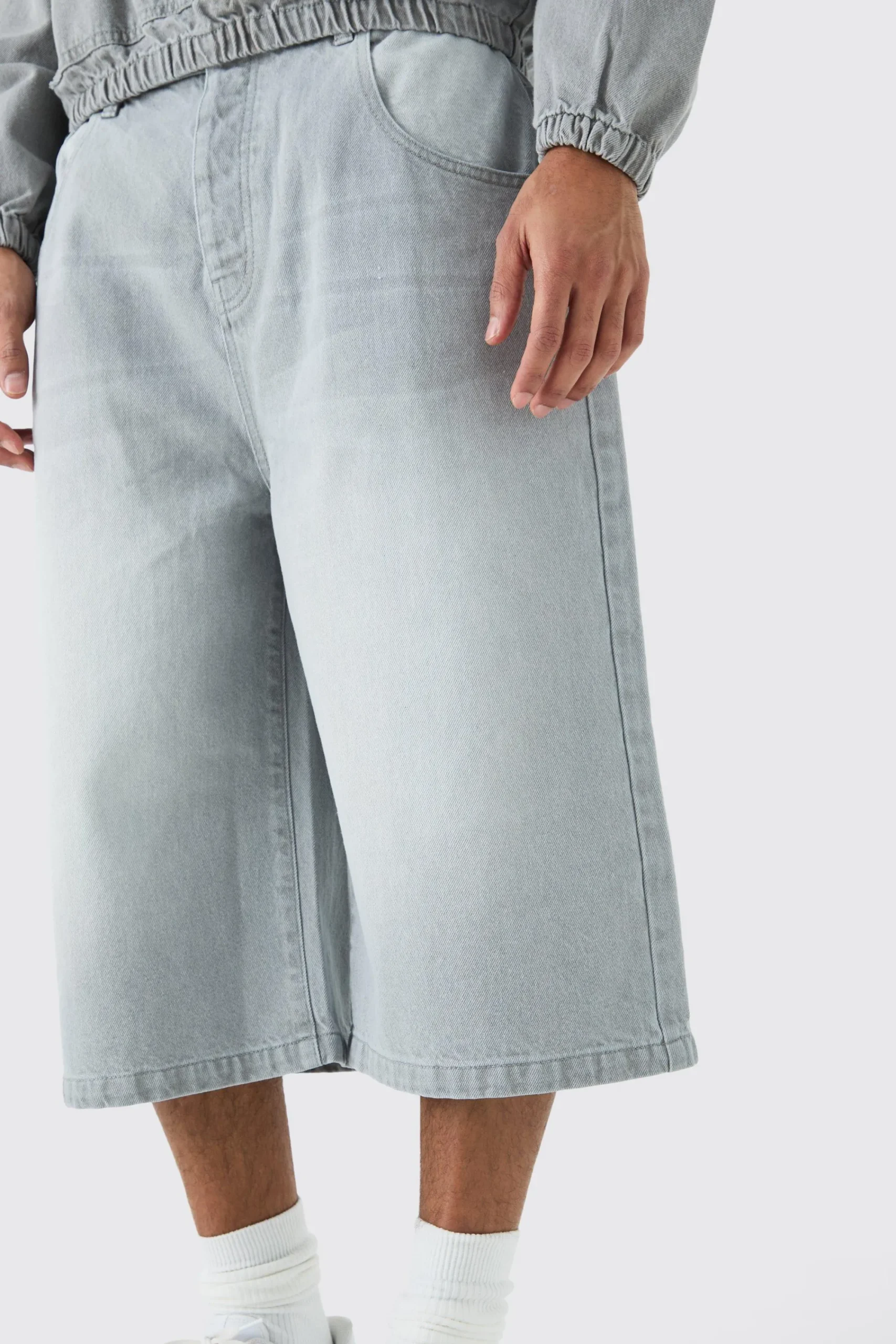 boohooMAN Long Line Denim Jorts In Grey Wash | UK| Shorts