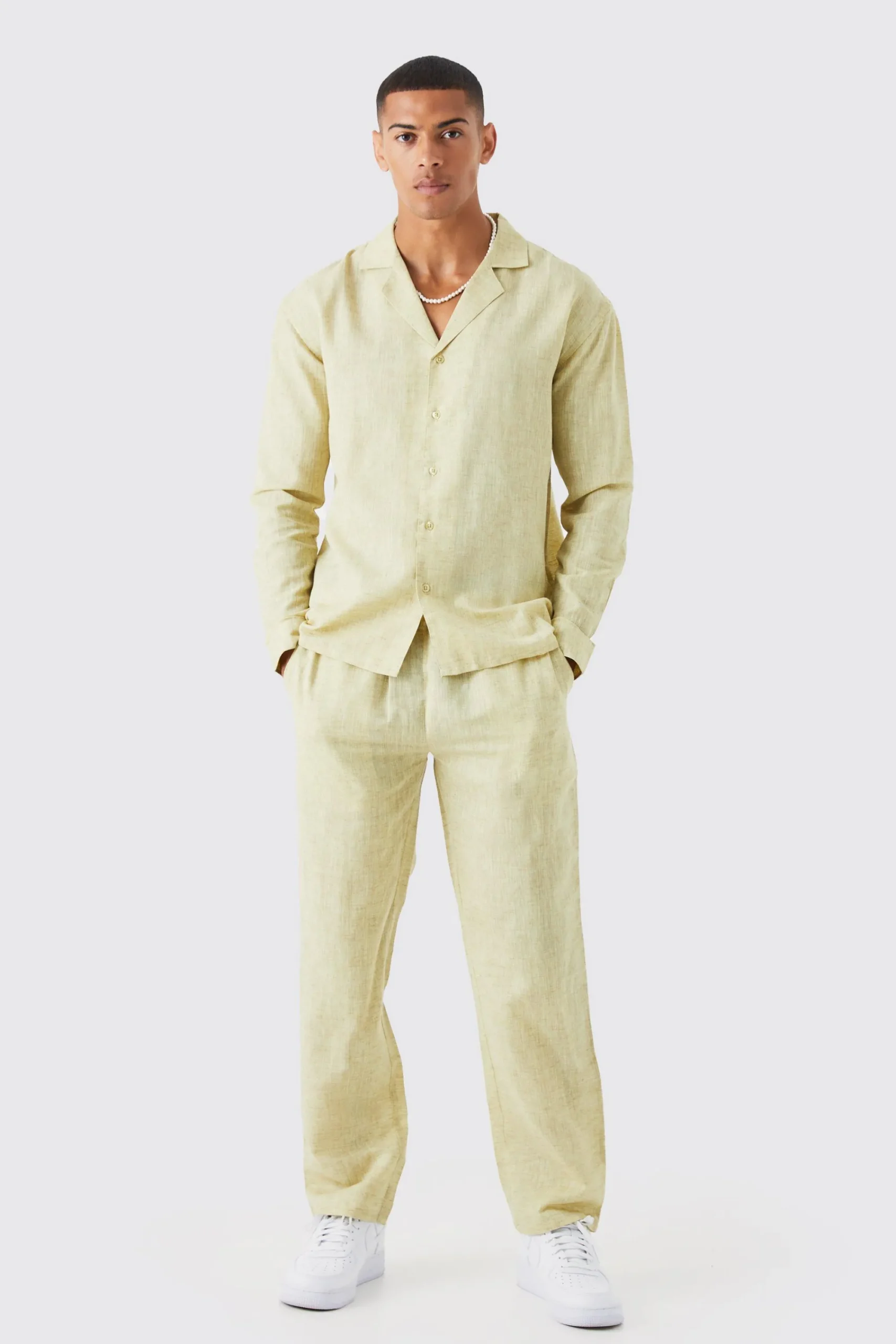 boohooMAN Long Sleeve Dropped Revere Linen Look Shirt & Trouser | UK| Sets & Co-Ords