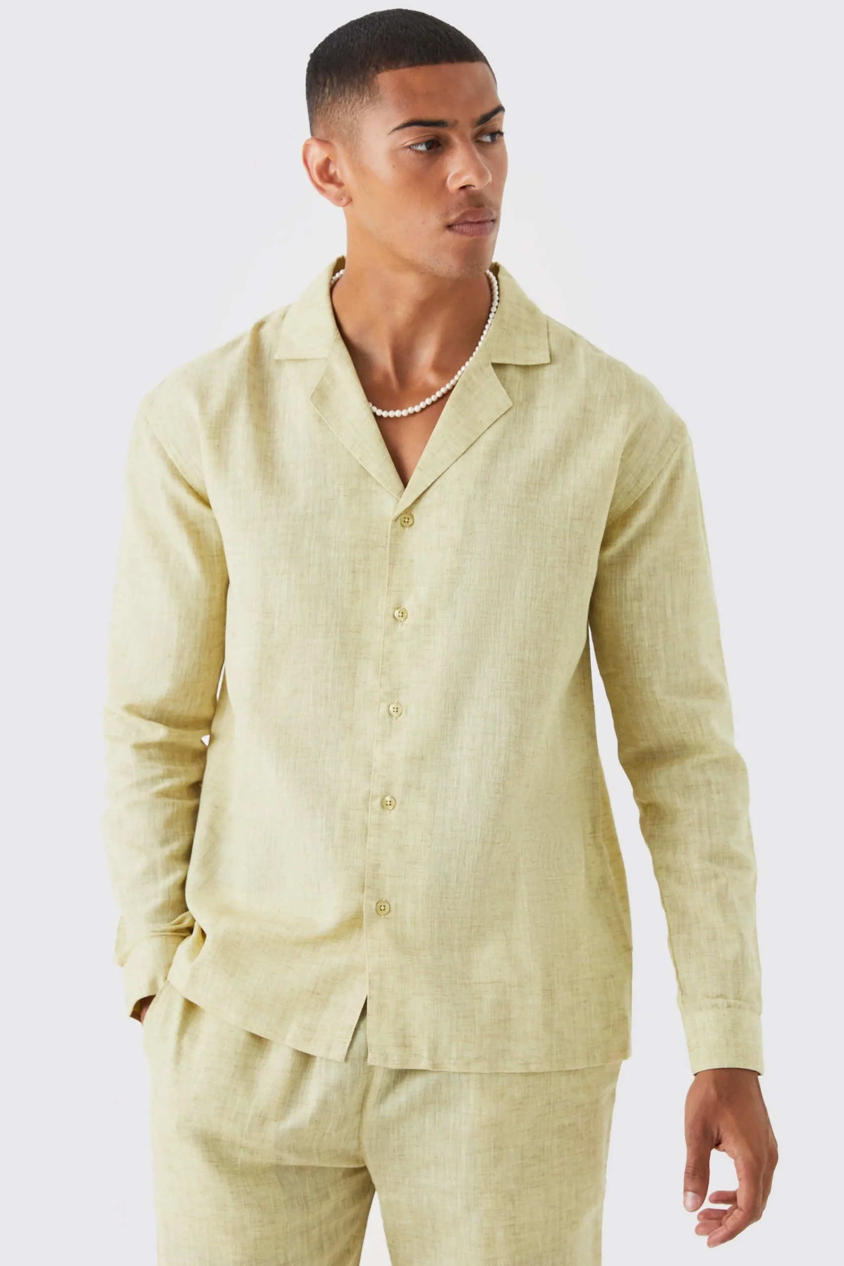 boohooMAN Long Sleeve Dropped Revere Linen Look Shirt & Trouser | UK| Sets & Co-Ords