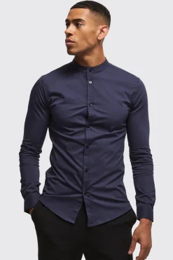 boohooMAN Long Sleeve Grandad Collar Stretch Shirt | UK| Shirts
