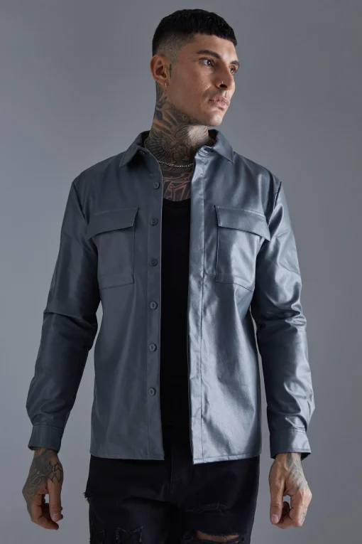 boohooMAN Long Sleeve Regular Fit Pu Overshirt | UK| Shirts