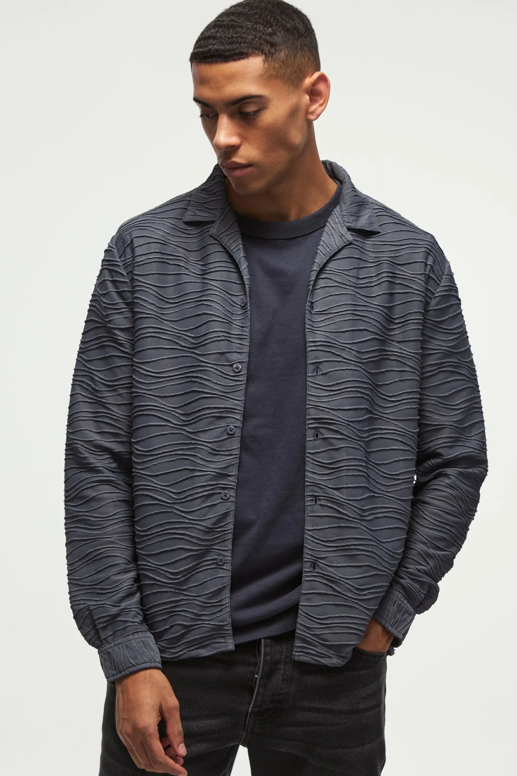 boohooMAN Long Sleeve Revere Ripple Pleated Shirt | UK| Shirts