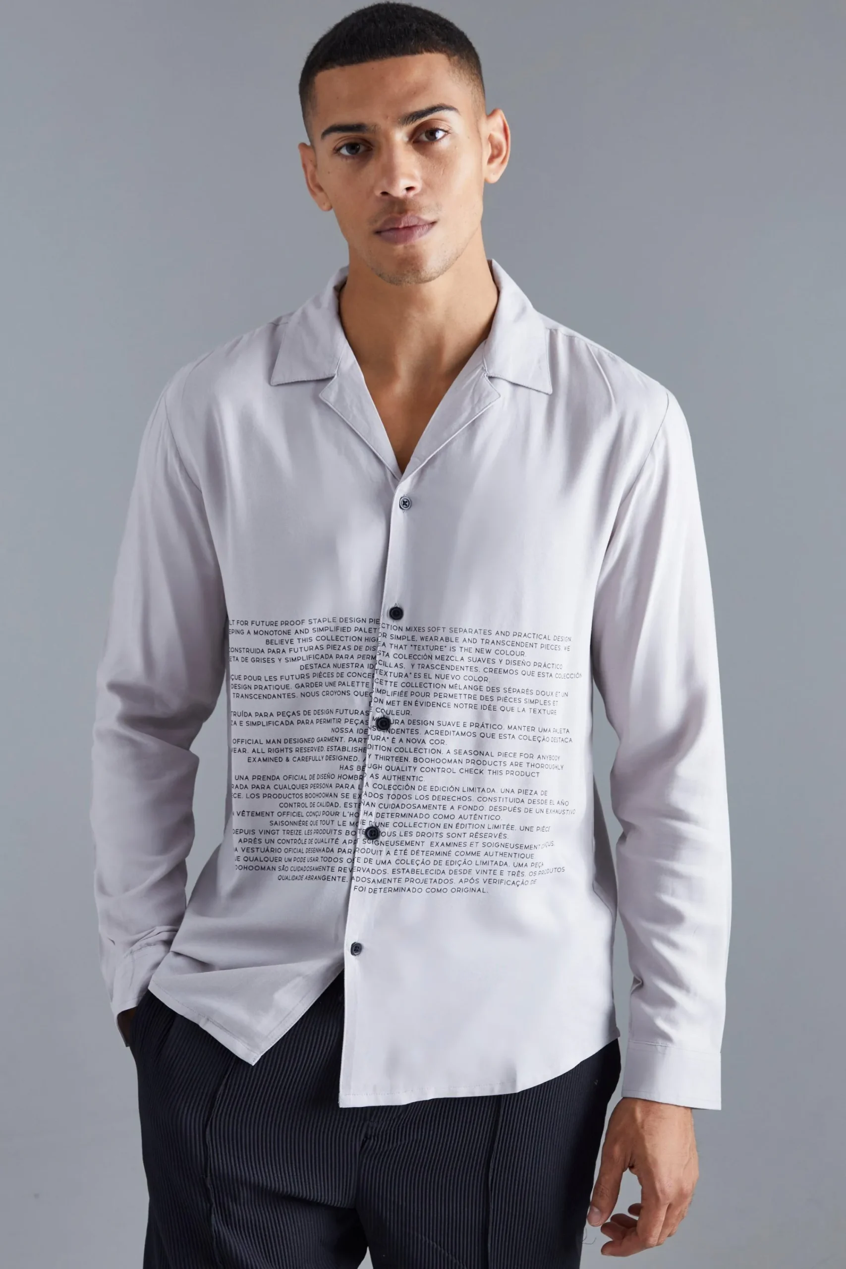 boohooMAN Long Sleeve Viscose Text Shirt | UK| Shirts