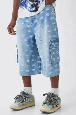 boohooMAN Longline All Over Distressed Cargo Denim Jorts In | UK| Shorts|Jeans