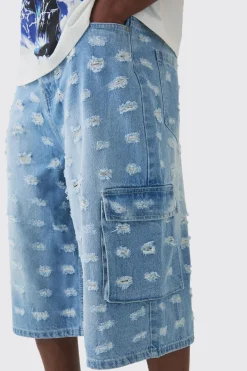 boohooMAN Longline All Over Distressed Cargo Denim Jorts In | UK| Shorts|Jeans