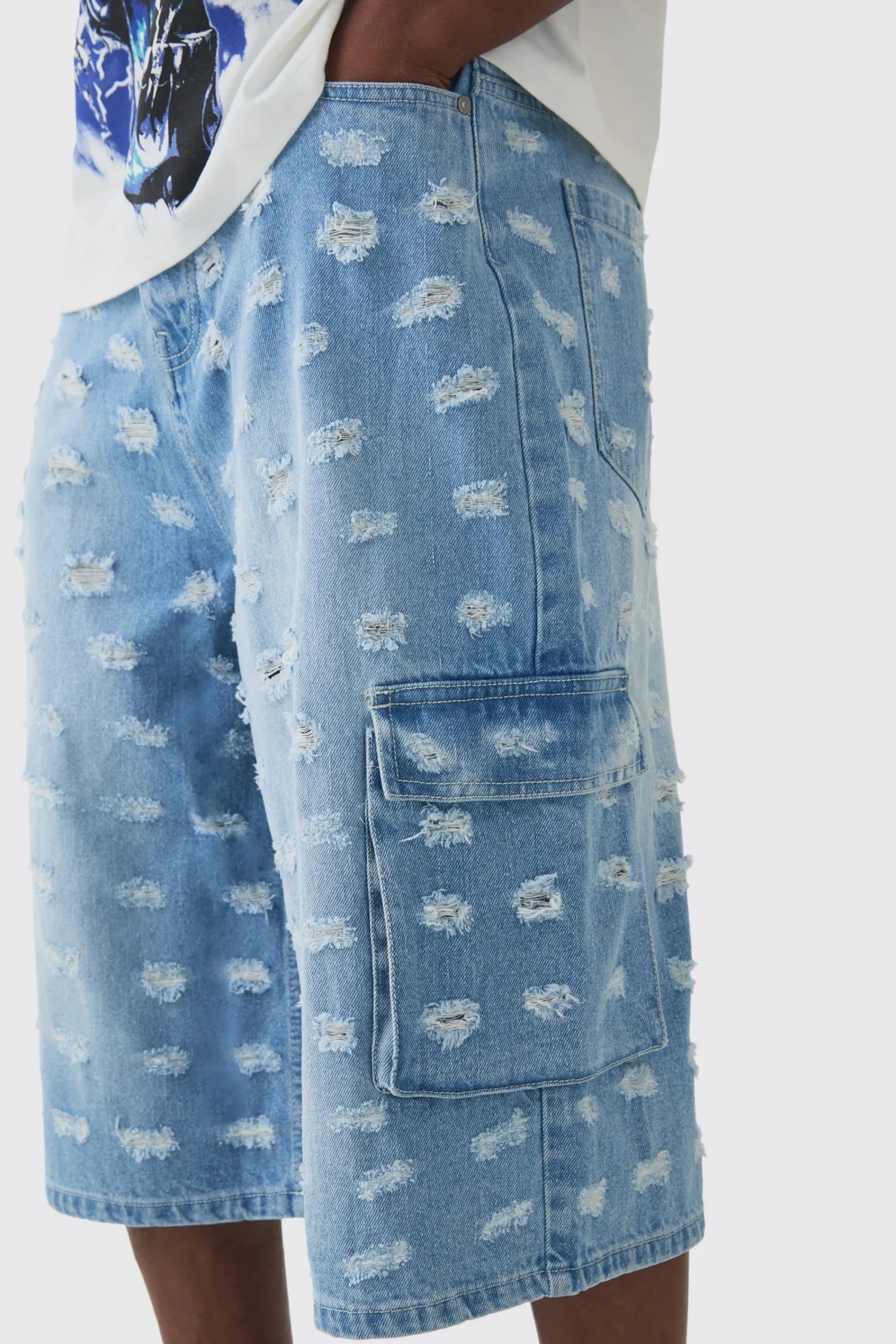 boohooMAN Longline All Over Distressed Cargo Denim Jorts In | UK| Shorts|Jeans