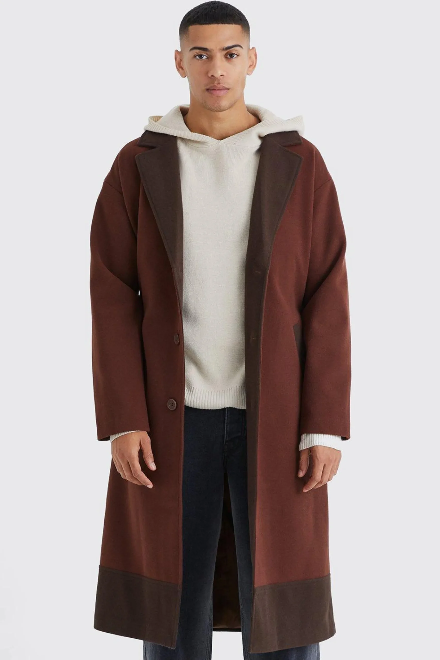 boohooMAN Longline Colour Block Belted Overcoat | UK| Coats & Jackets