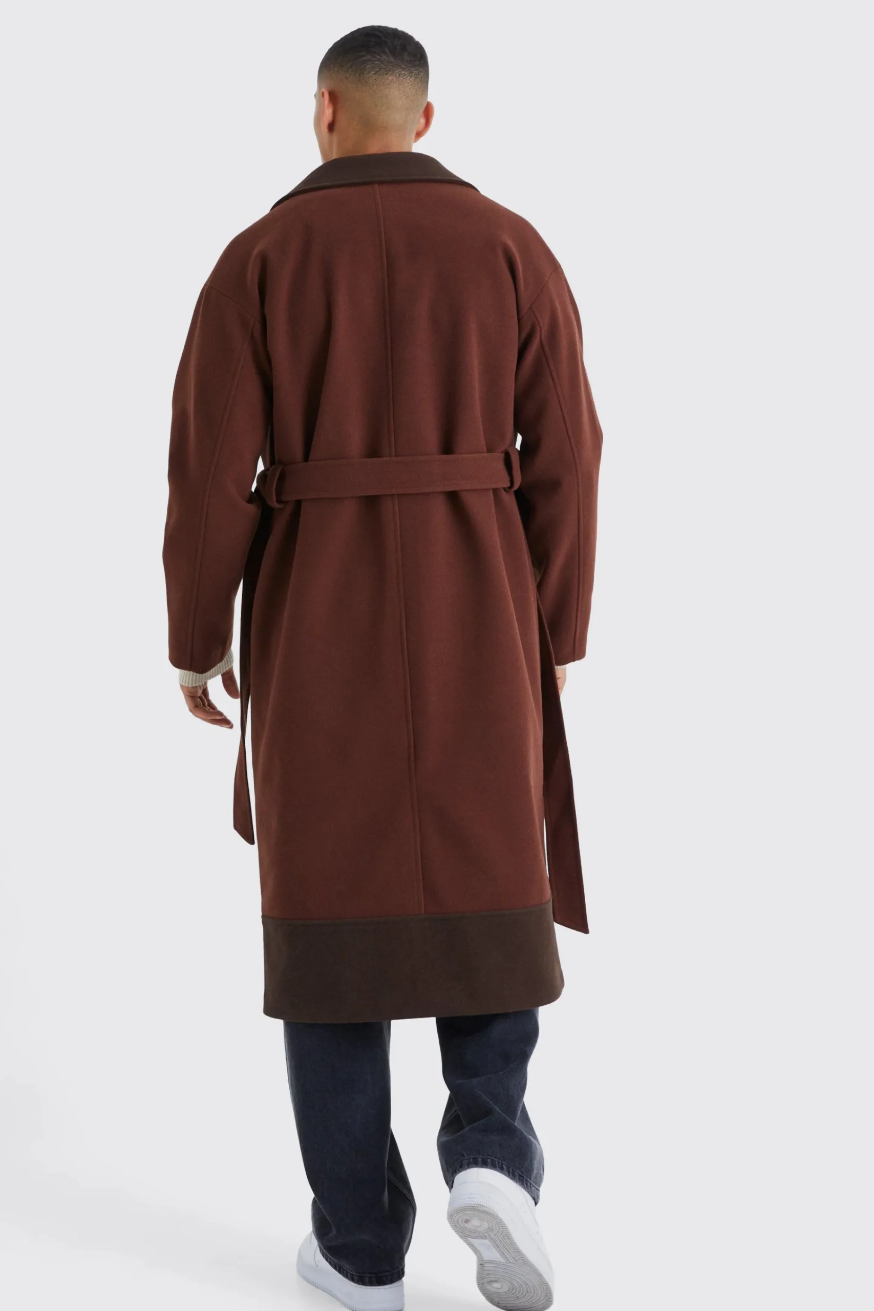 boohooMAN Longline Colour Block Belted Overcoat | UK| Coats & Jackets