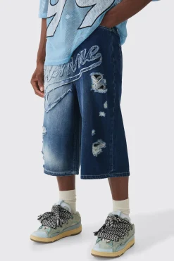 boohooMAN Longline Homme Spliced Ripped Applique Denim Jorts In | UK| Shorts|Jeans