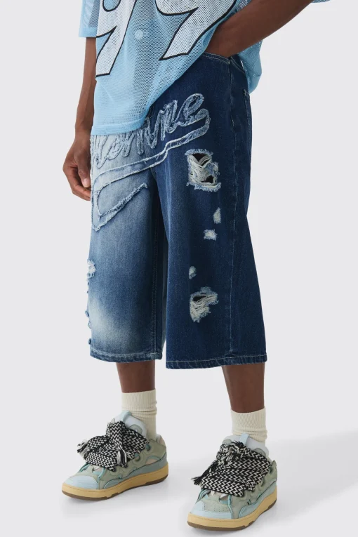 boohooMAN Longline Homme Spliced Ripped Applique Denim Jorts In | UK| Shorts|Jeans