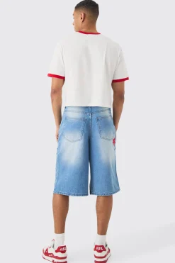 boohooMAN Longline Star Applique Gusset Denim Jorts In | UK| Shorts|Jeans