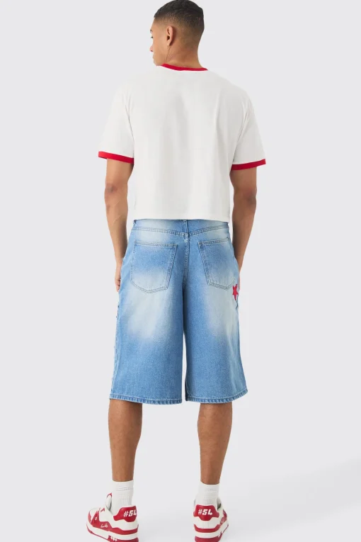 boohooMAN Longline Star Applique Gusset Denim Jorts In | UK| Shorts|Jeans