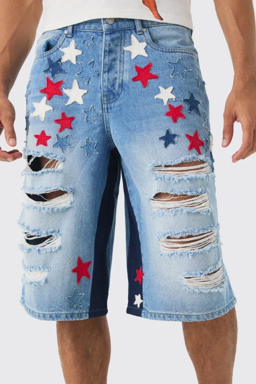 boohooMAN Longline Star Applique Gusset Denim Jorts In | UK| Shorts|Jeans