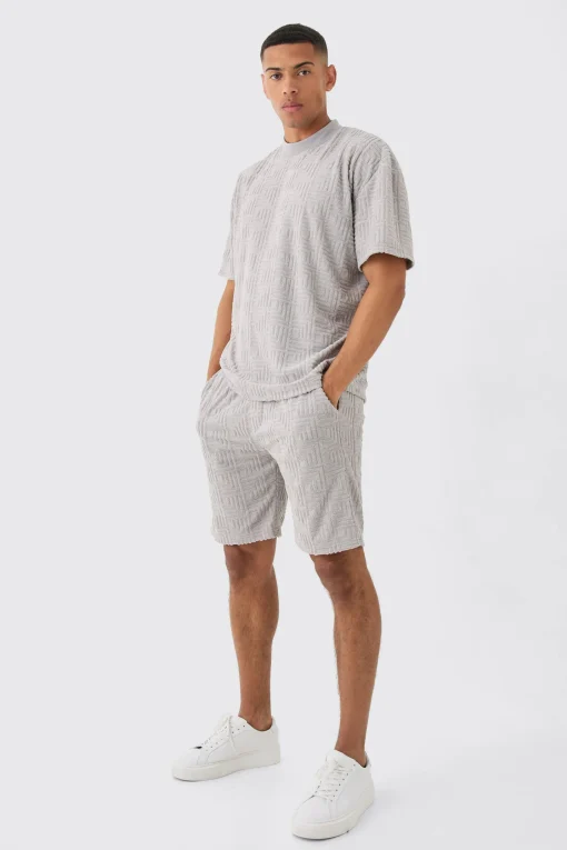 boohooMAN Loose Fit Geo Towelling Jacquard Shorts | UK| Shorts