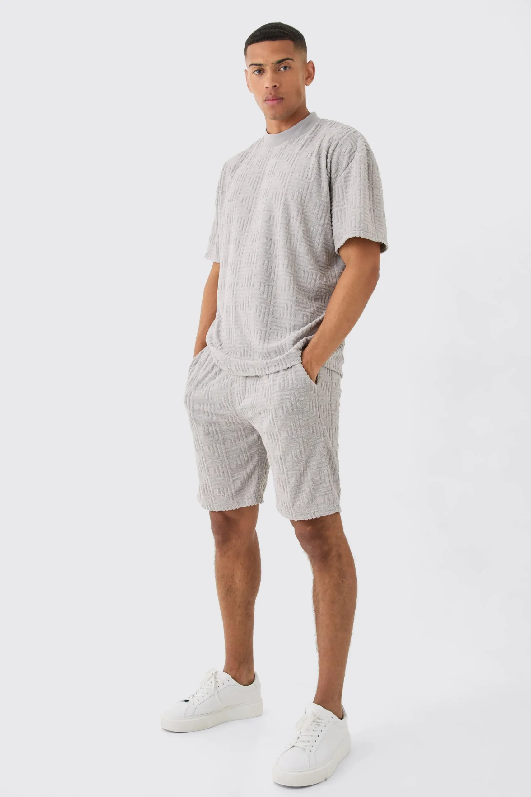 boohooMAN Loose Fit Geo Towelling Jacquard Shorts | UK| Shorts