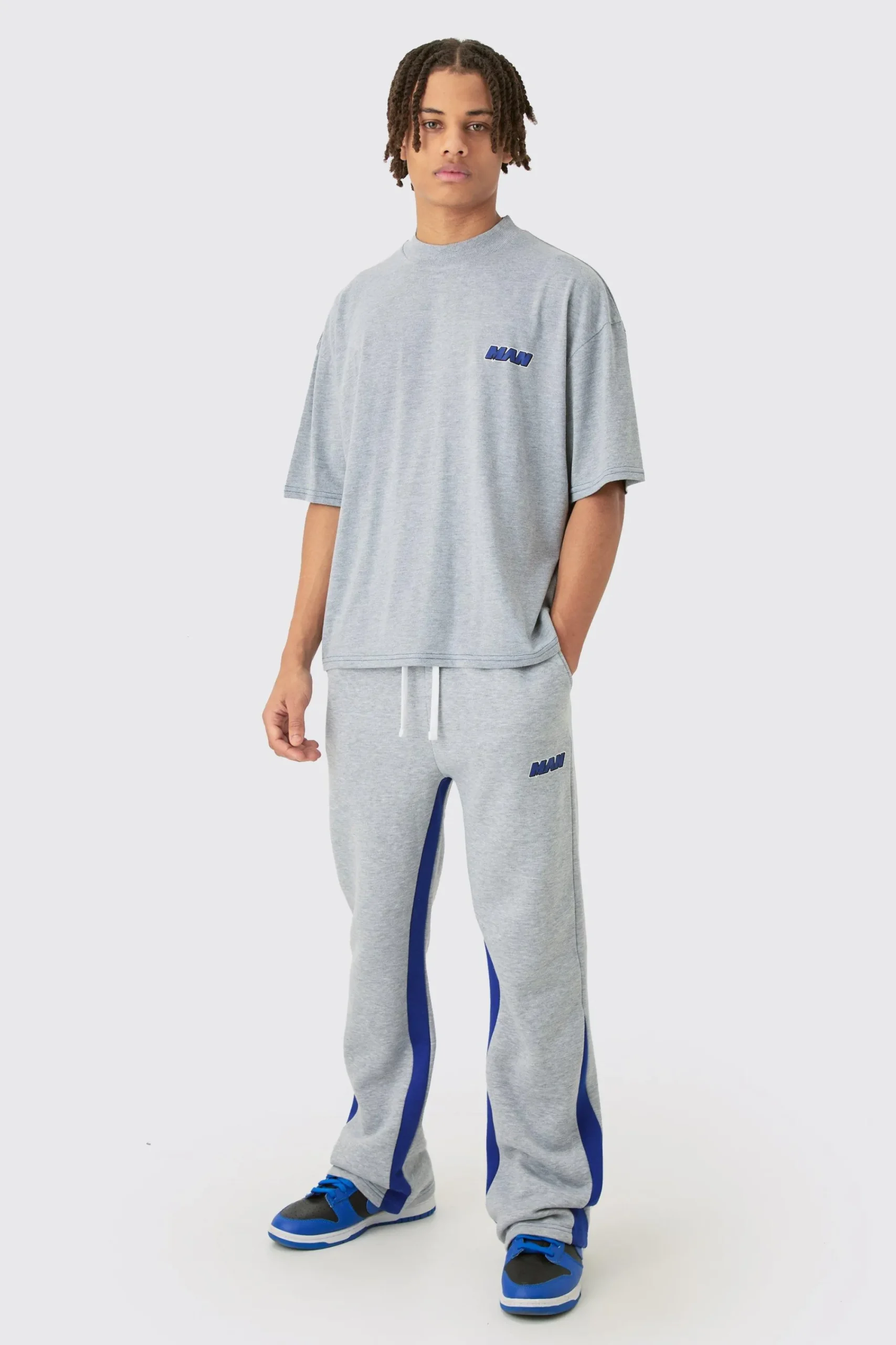 boohooMAN Man Oversized Boxy Contrast Stitch T-shirt Gusset Jogger Set | UK| Sets & Co-Ords