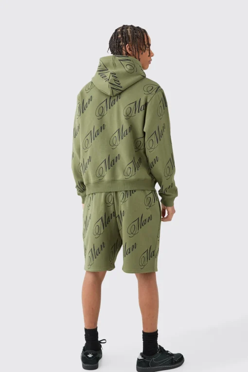 boohooMAN Man Script All Over Print Boxy Hooded Short Tracksuit | UK| Tracksuits