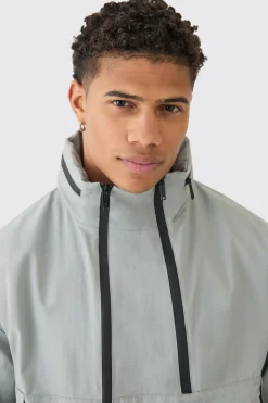 boohooMAN Man Tab Oversized Zip Detail Nylon Windbreaker In | UK| Coats & Jackets
