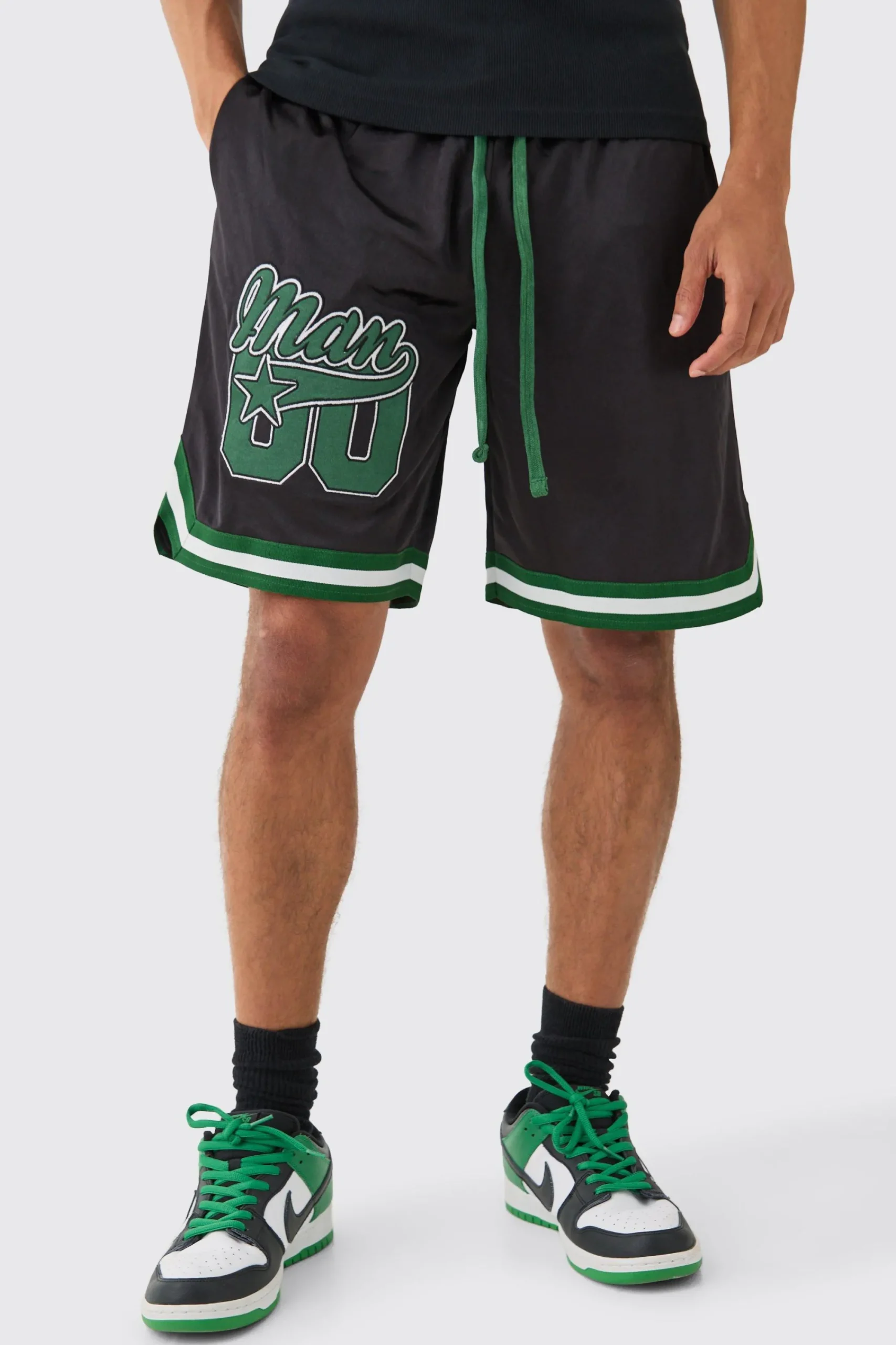 boohooMAN Mesh And Satin Applique Basketball Short | UK| Shorts