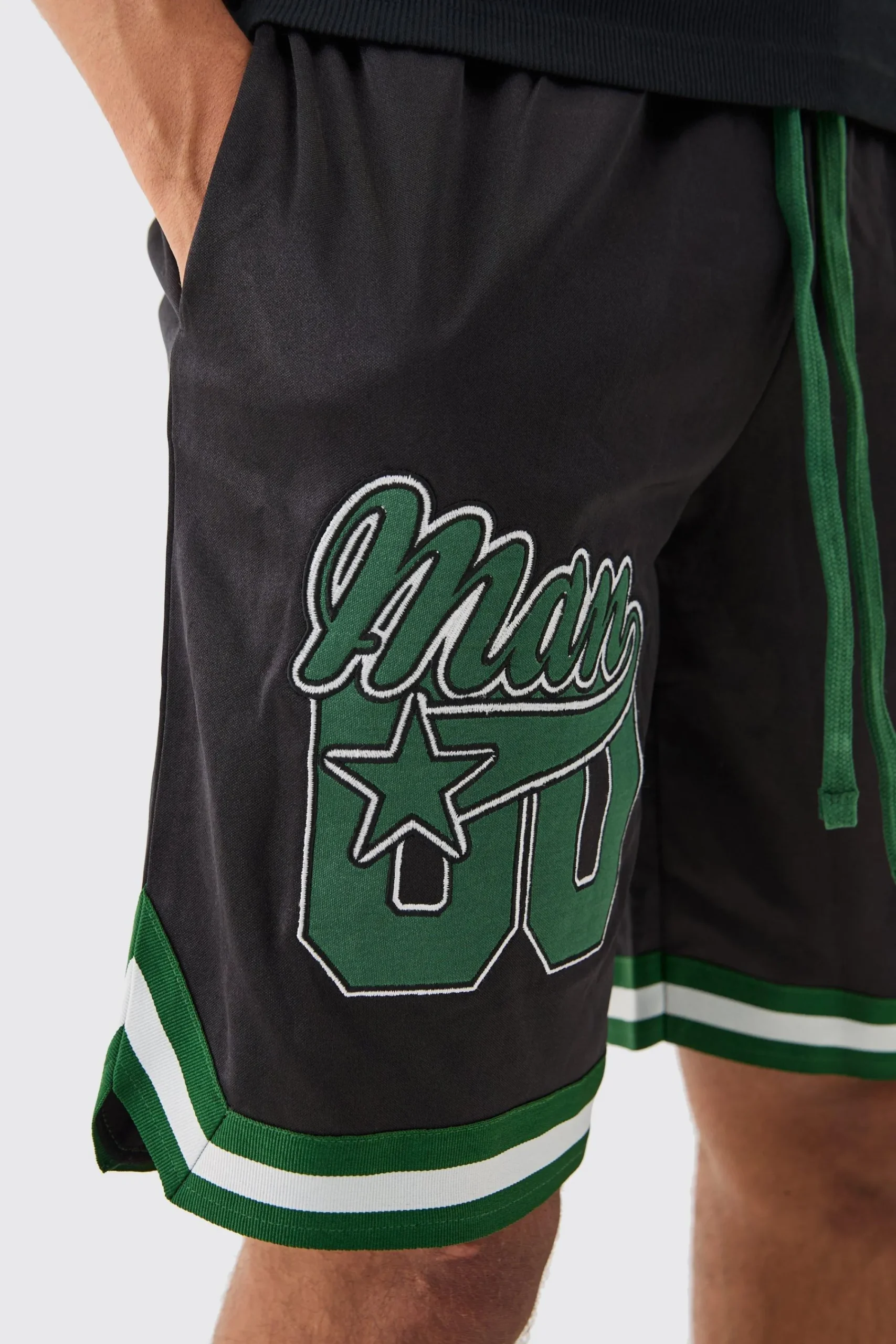 boohooMAN Mesh And Satin Applique Basketball Short | UK| Shorts