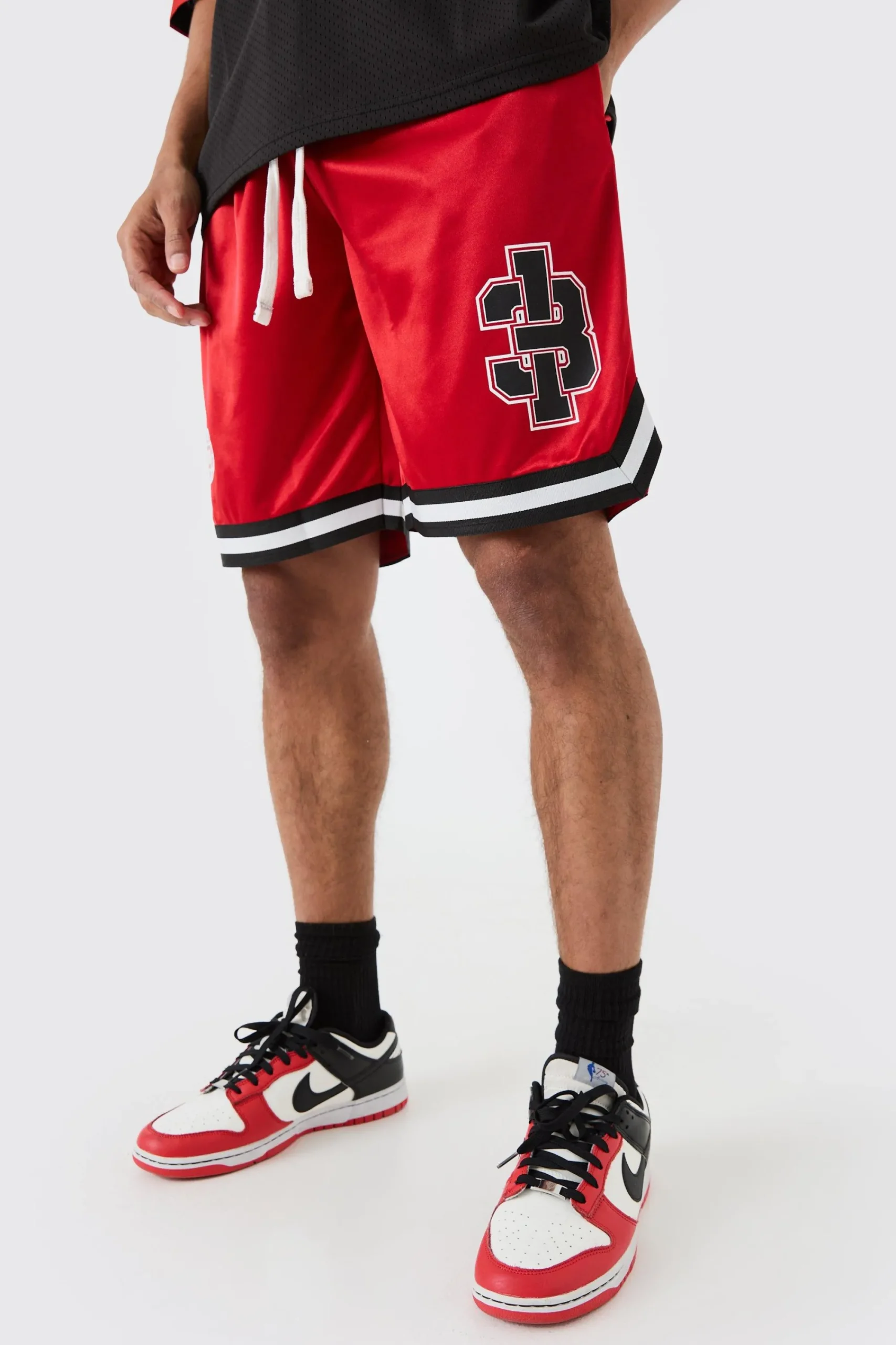boohooMAN Mesh And Satin Applique Basketball Short | UK| Shorts