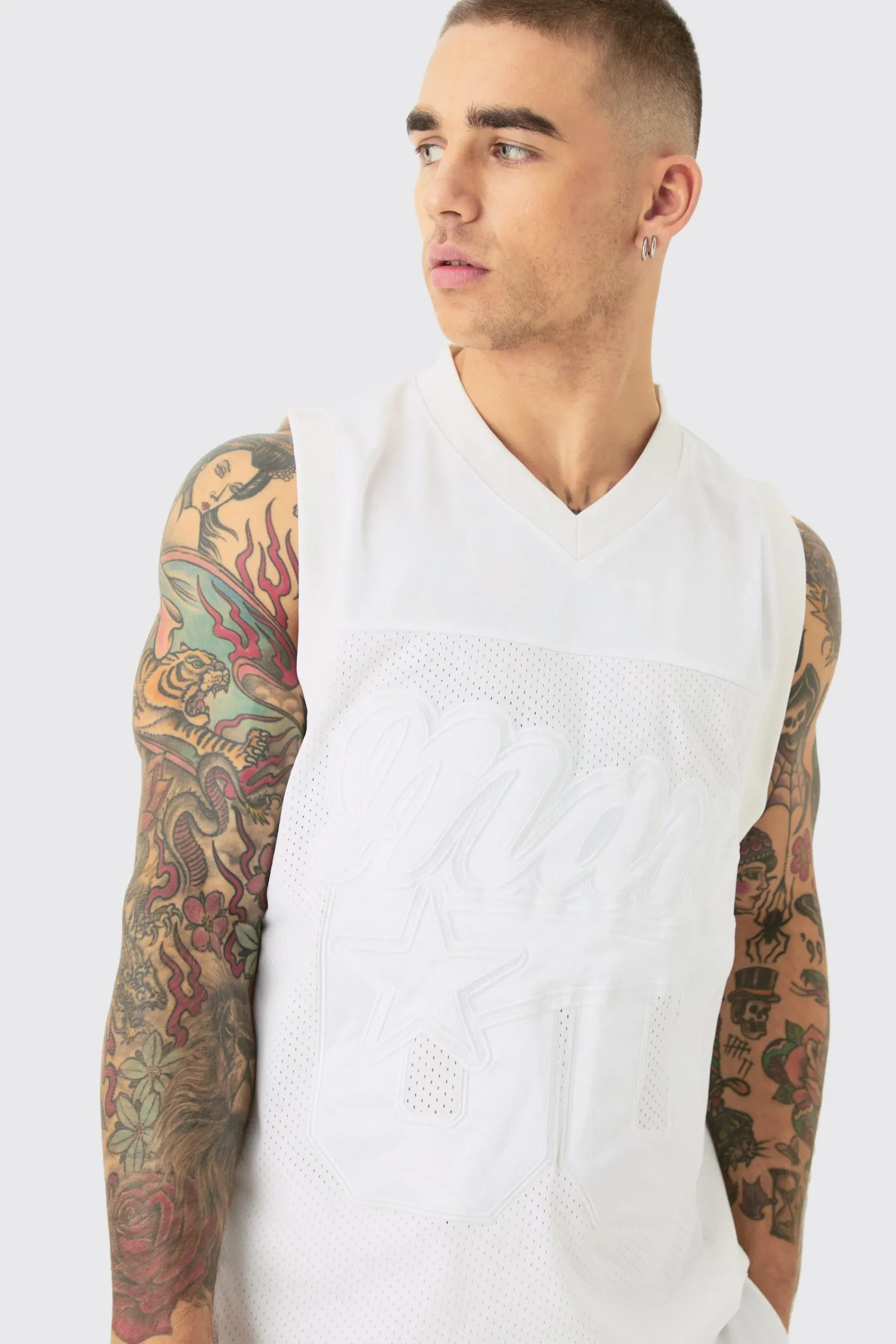 Mesh And Satin Basketball Applique Vest And Short Set | UK^boohooMAN Outlet