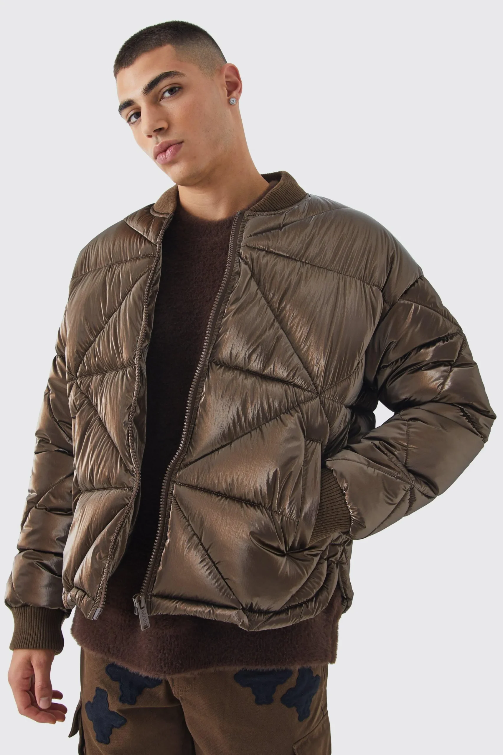 boohooMAN Metallic Quilted Puffer Bomber | UK| Coats & Jackets