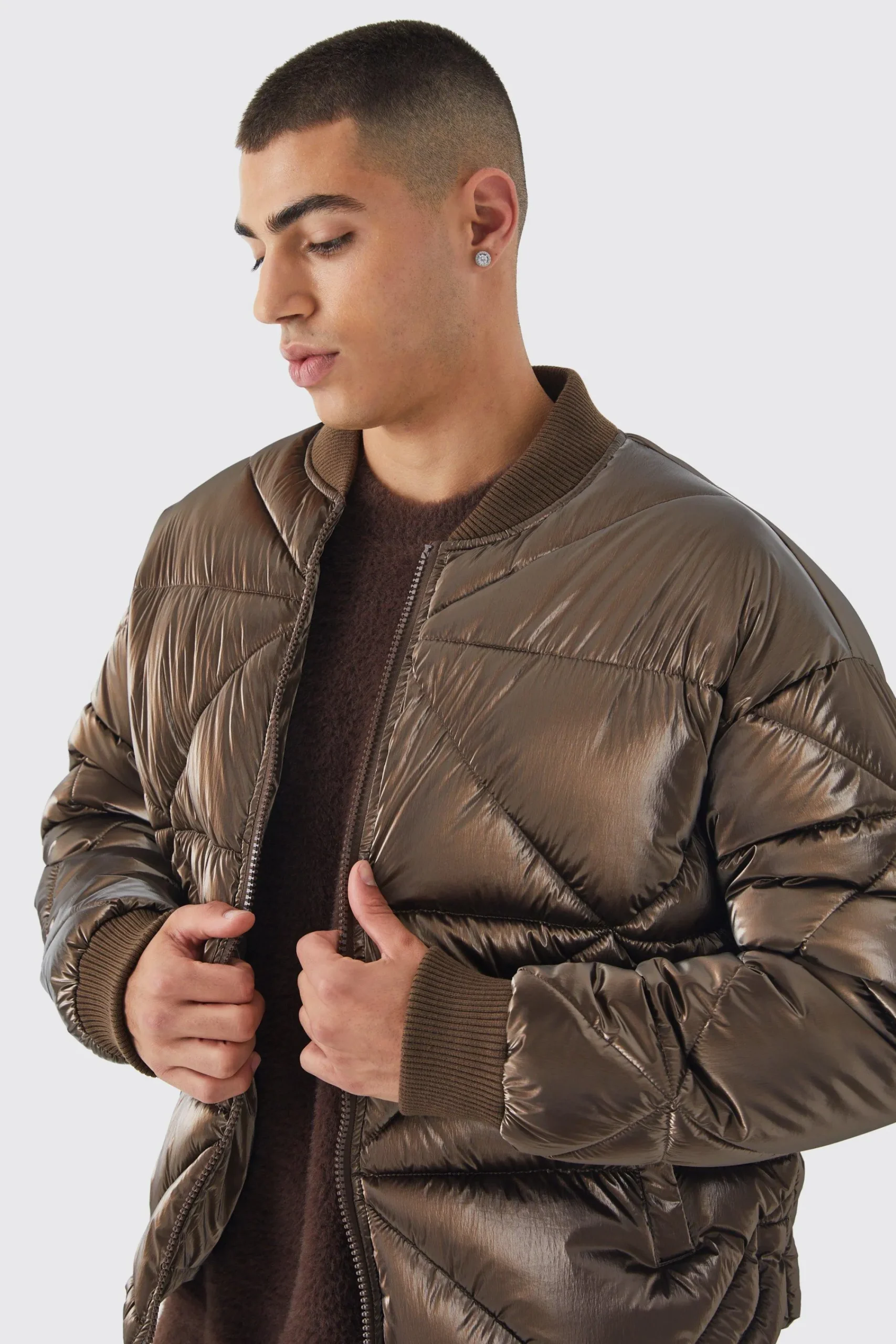 boohooMAN Metallic Quilted Puffer Bomber | UK| Coats & Jackets