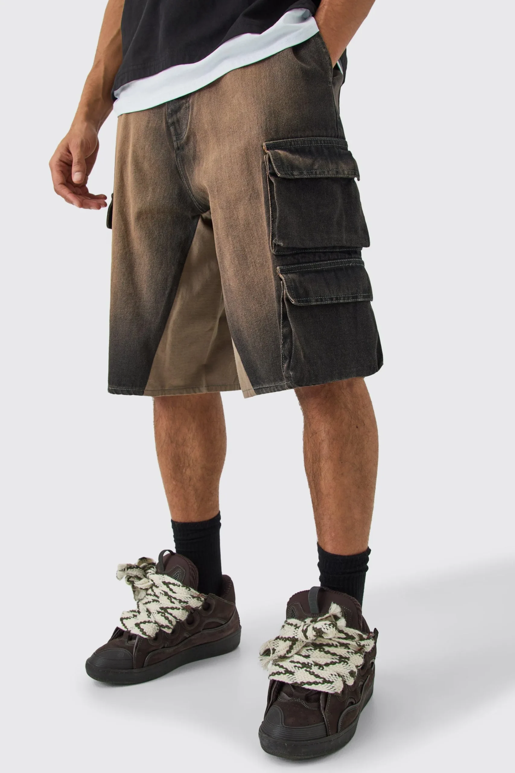 boohooMAN Multi Cargo Pocket Gusset Detail Denim Parachute Shorts | UK| Shorts