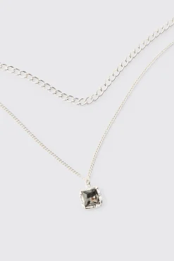 boohooMAN Multi Layer Chain Necklace With Blue Gem Stone Pendant | UK| Jewellery & Watches