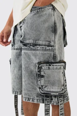 boohooMAN Multi Pocket Cargo Strap Denim Jorts In | UK| Shorts