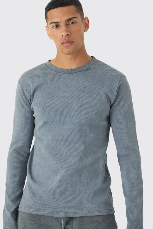 boohooMAN Muscle Fit Long Sleeve Heavyweight Ribbed Washed Jumper | UK| Hoodies & Sweatshirts
