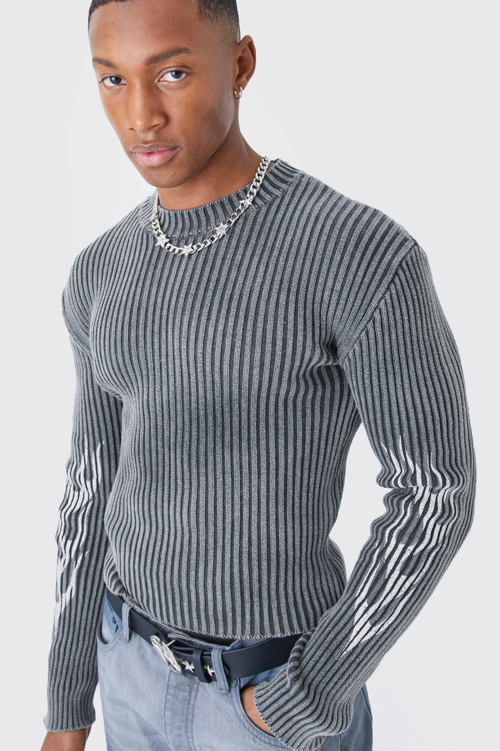 boohooMAN Muscle Fit Ribbed Acid Wash Knit Jumper | UK| Knitwear