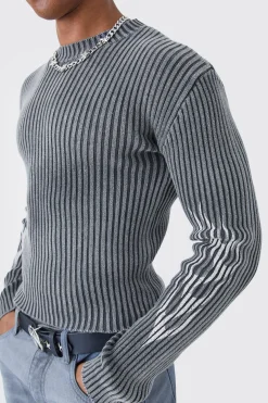 boohooMAN Muscle Fit Ribbed Acid Wash Knit Jumper | UK| Knitwear