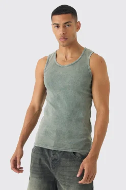 Muscle Fit Ribbed Acid Wash Vest | UK^boohooMAN Clearance