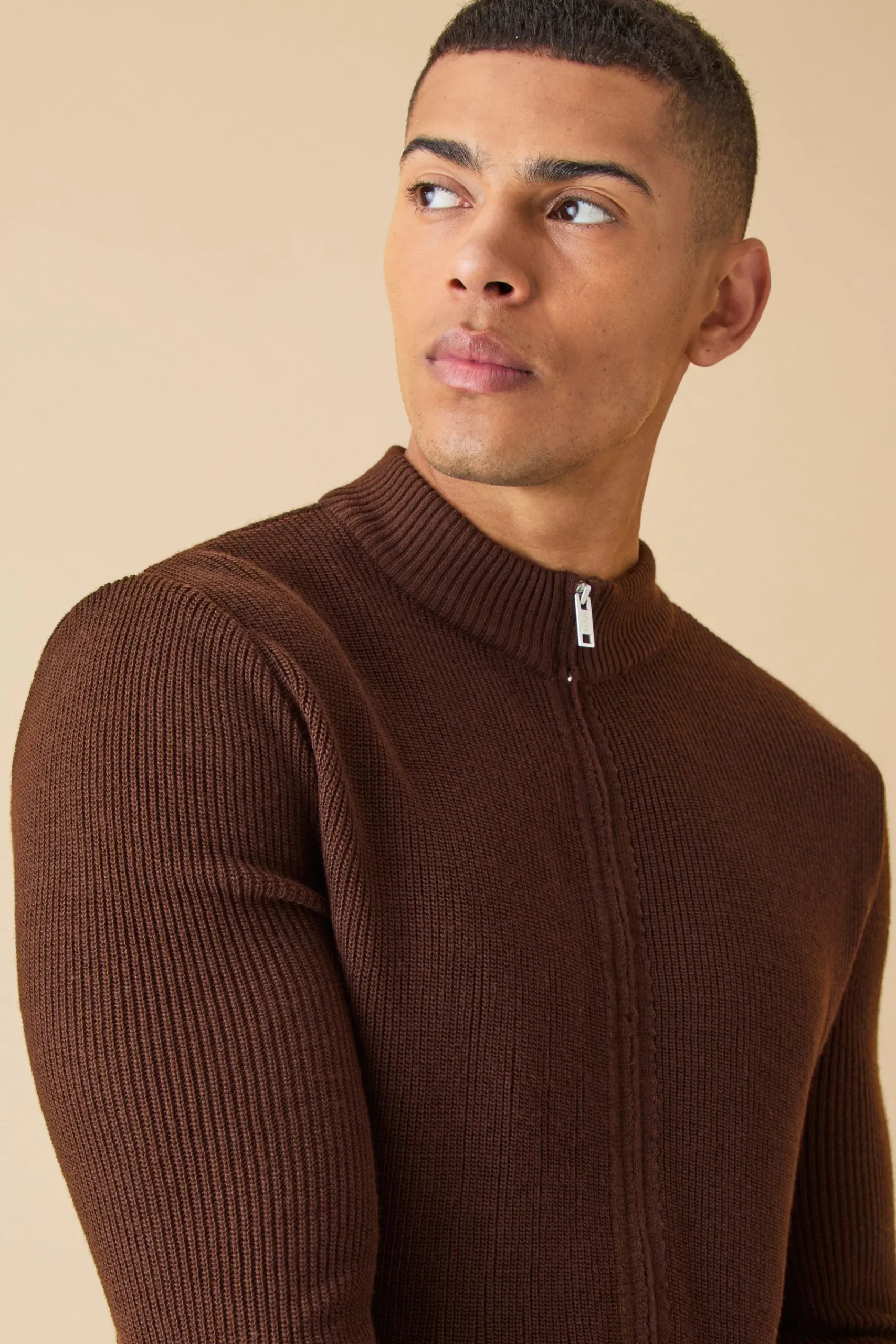 boohooMAN Muscle Fit Zip Through Rib Knit Jacket | UK| Coats & Jackets