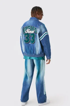 boohooMAN Nfl Eagles Baggy Rigid Popper Hem Tinted Jeans | UK| Jeans