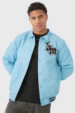boohooMAN Nylon Bm Badge Collared Varsity Bomber In Blue | UK| Coats & Jackets