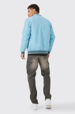 boohooMAN Nylon Bm Badge Collared Varsity Bomber In Blue | UK| Coats & Jackets