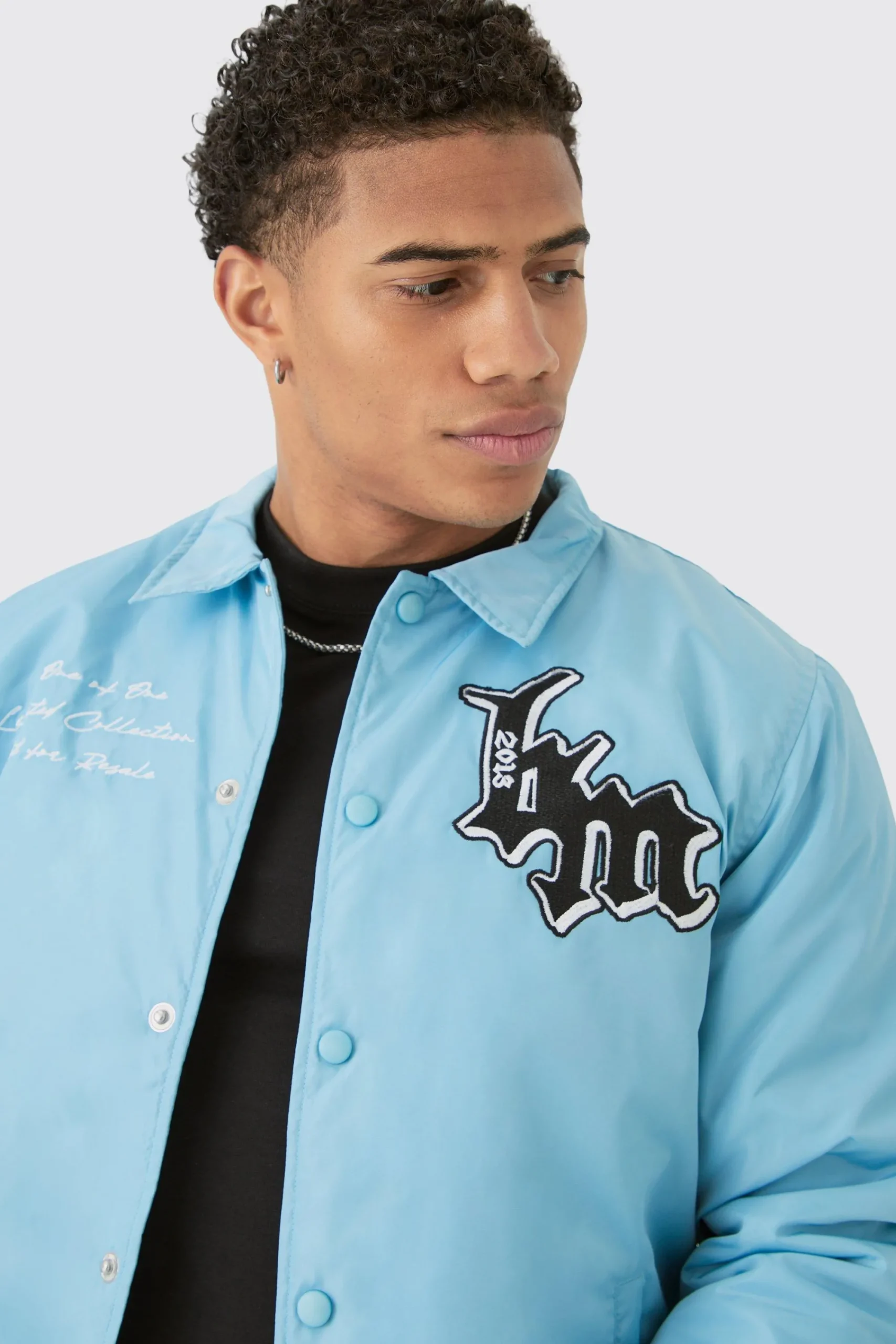 boohooMAN Nylon Bm Badge Collared Varsity Bomber In Blue | UK| Coats & Jackets
